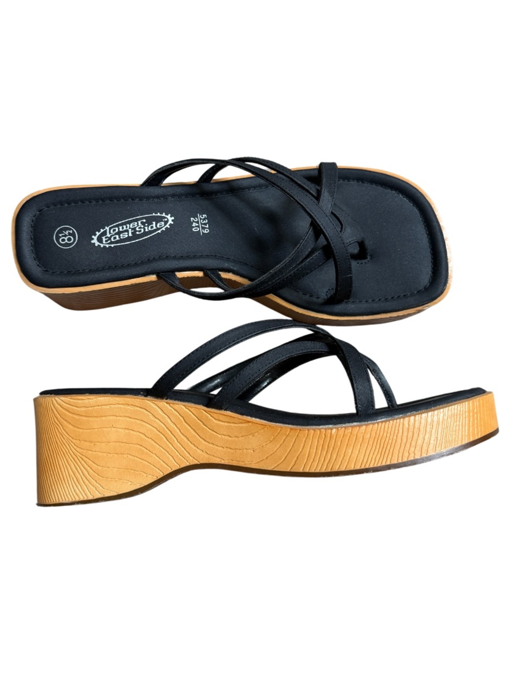 Authentic Y2K Lower East Side Black Strappy Faux Wood Wedge Sandals 8.5
